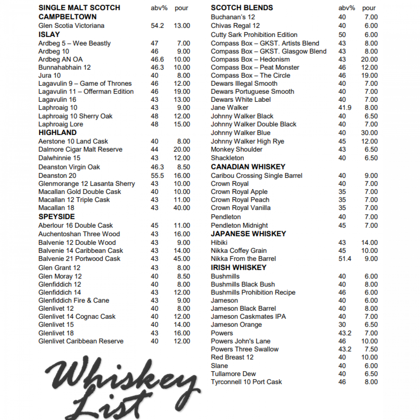 Catered Whiskey List The Leaning Side Restaurant & Bar